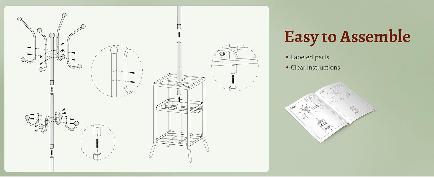 Настінна вішалка для одягу FAVOOSTY з підставкою для парасольки, 12 гачків, стійка для пальто, вішалка для одягу в вітальню, спальню, срібна (білий)