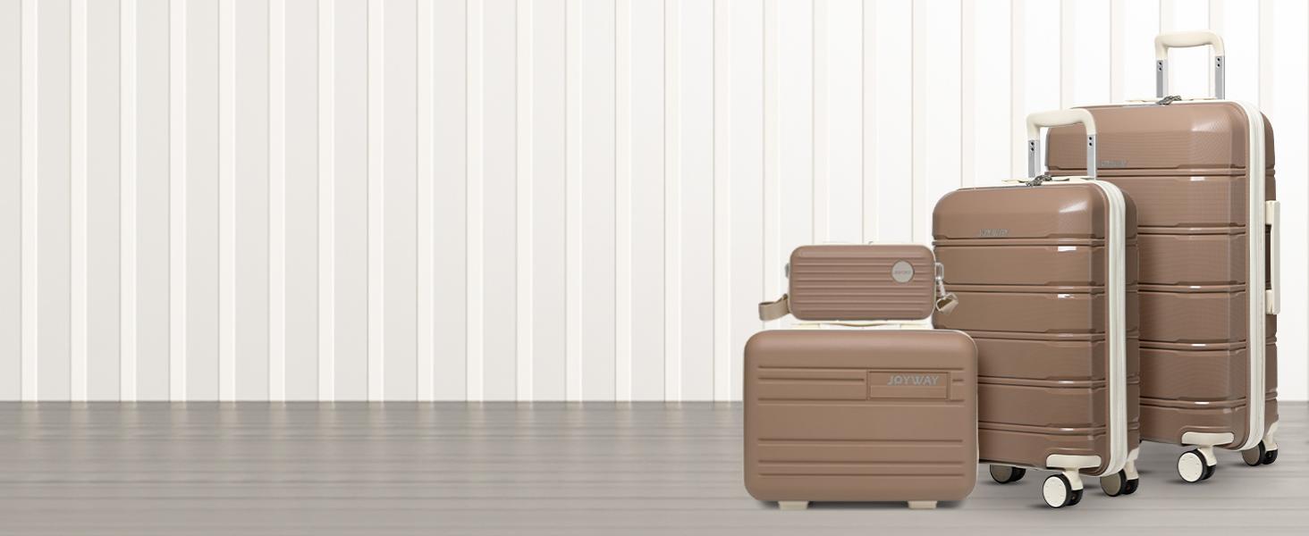 Набір валіз Joyway 3 в 1 з жорстким корпусом, 4 колеса, TSA-замок, косметичка та сумка, коричнево-білий, ручна поклажа
