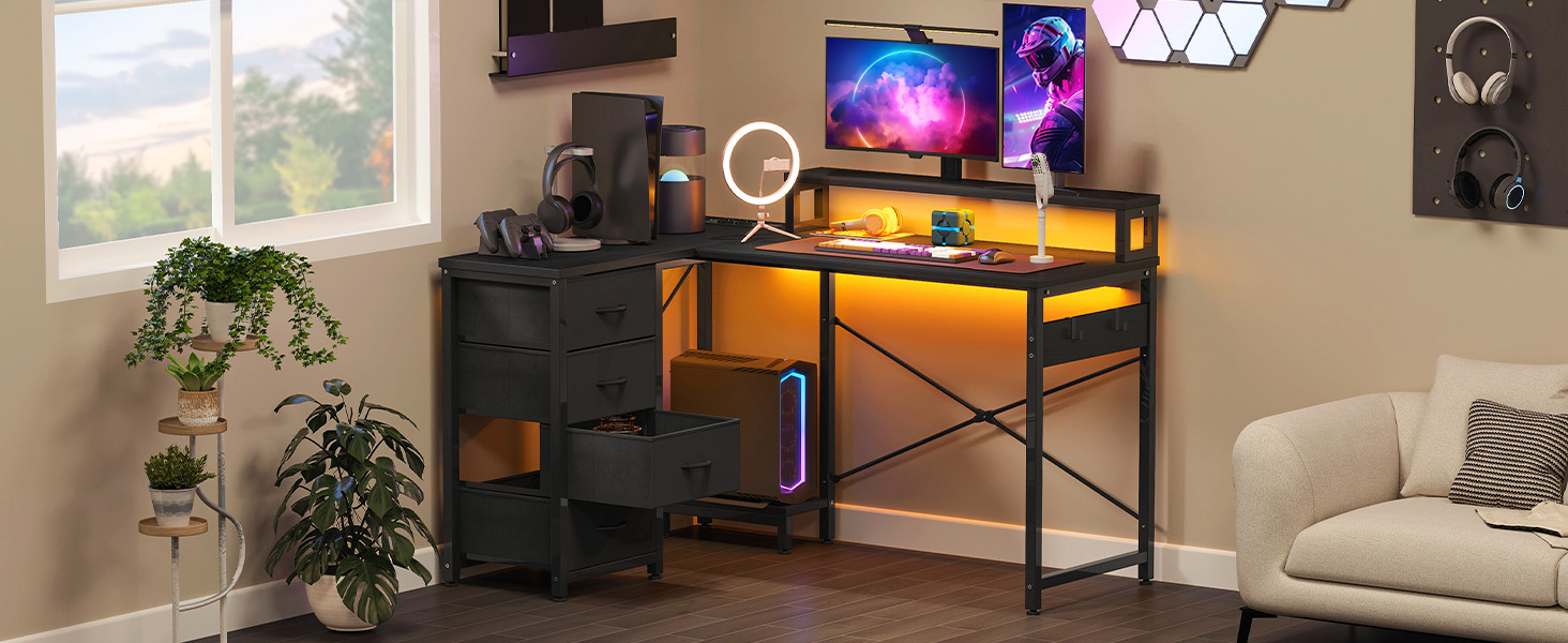 Кутовий стіл YITAHOME з 4 висувними ящиками, LED-підсвічуванням та USB-портами, 130x100 см, чорний