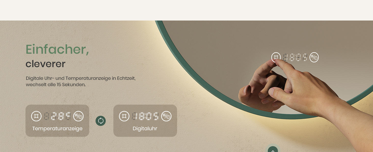 Круглий дзеркало для ванної кімнати EMKE з підсвічуванням 60 см - з антизапарюванням, регулюванням яскравості, годинником, індикатором температури, сенсорним керуванням, функцією пам'яті, енергозберігаючий. Розмір: 80x80 см.