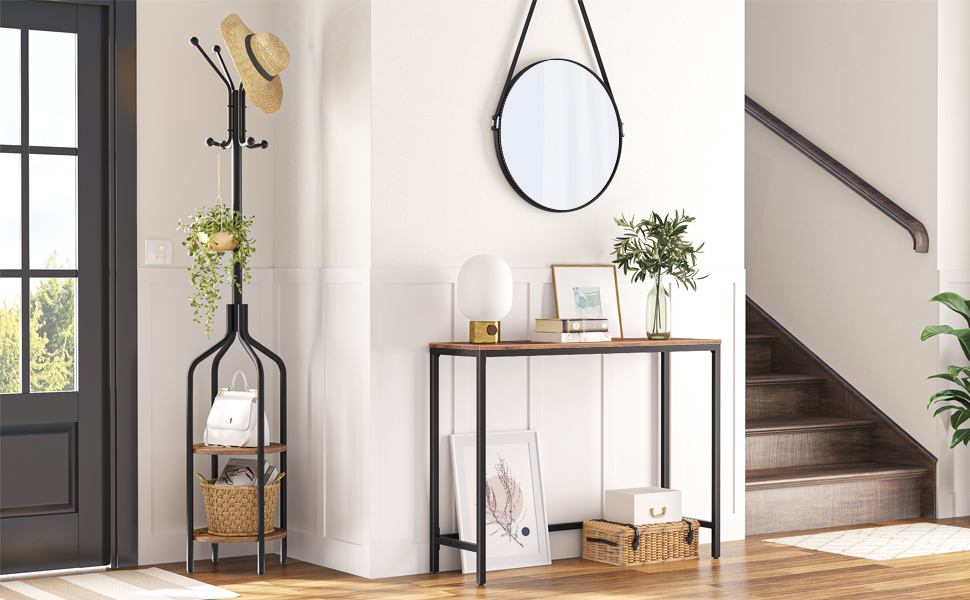 Стійка для одягу HOOBRO, вішалка для одягу з 2 круглими полицями, 8 гачків, 183 см, індустріальний стиль, сталеве каркас, багатофункціональна, для одягу, шарфів, капелюхів, сумок