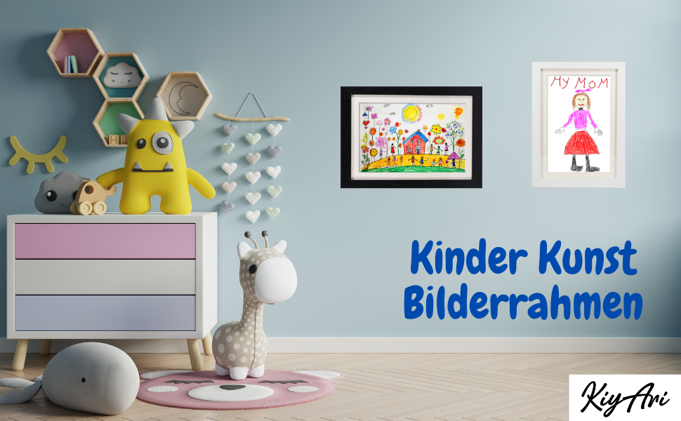 Рамки для дитячих малюнків KIYARI A4, 2 шт. (білі) + 2 шт. (чорні). Набір для зберігання 150 малюнків. Міцне дерево, безпечне скло, ідеально для школи, дитячої кімнати та творчих проєктів.