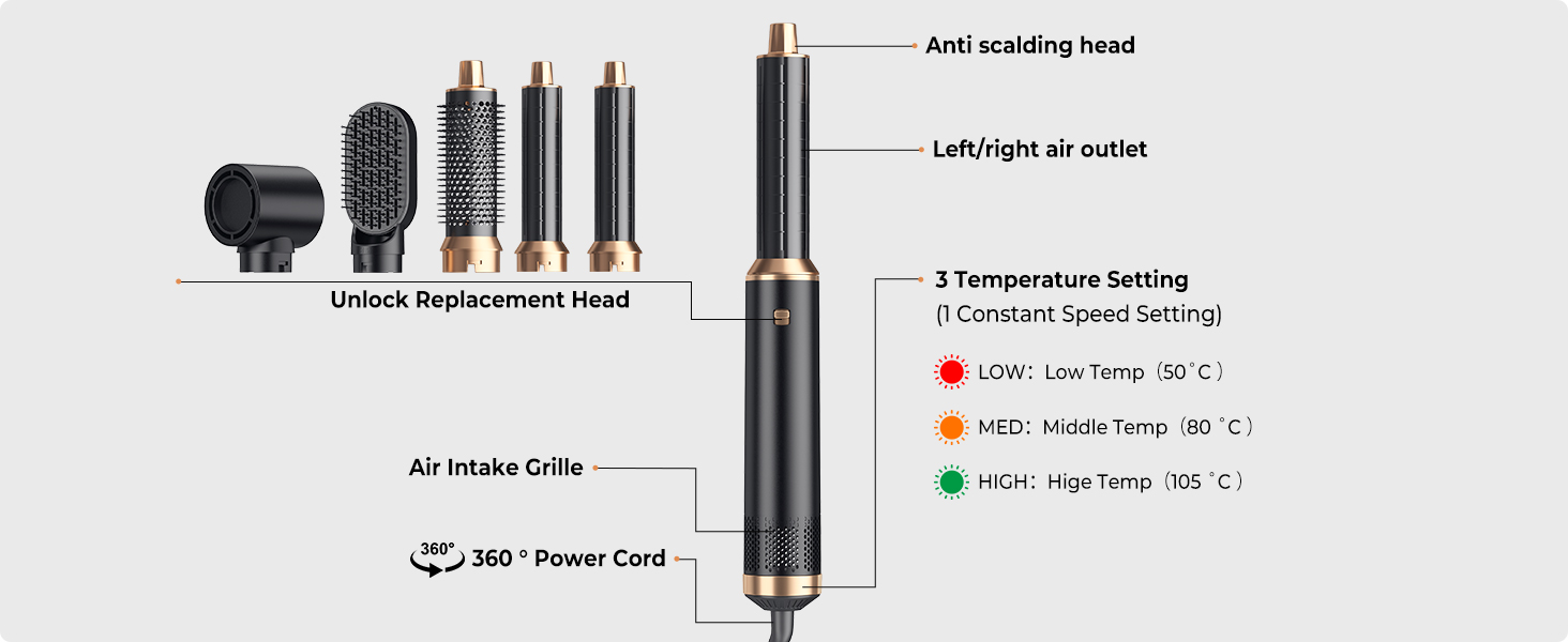 Airstyler 5 в 1: Фен-щітка, плойка, гаряче повітря для укладки волосся Schwarz/Gold