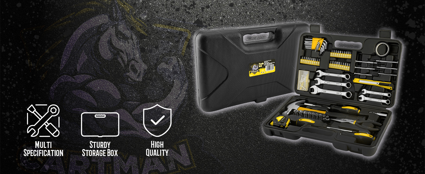 Набір інструментів CARTMAN 148 предметів для дому в пластиковому кейсі, синьо-жовтий