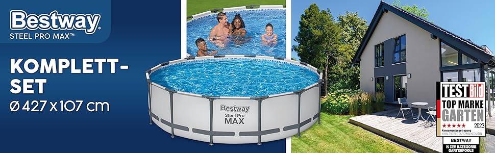 Каркасний басейн Bestway Steel Pro MAX Повний комплект з фільтруючим насосом Ø 427 x 107 см, світло-сірий, круглий