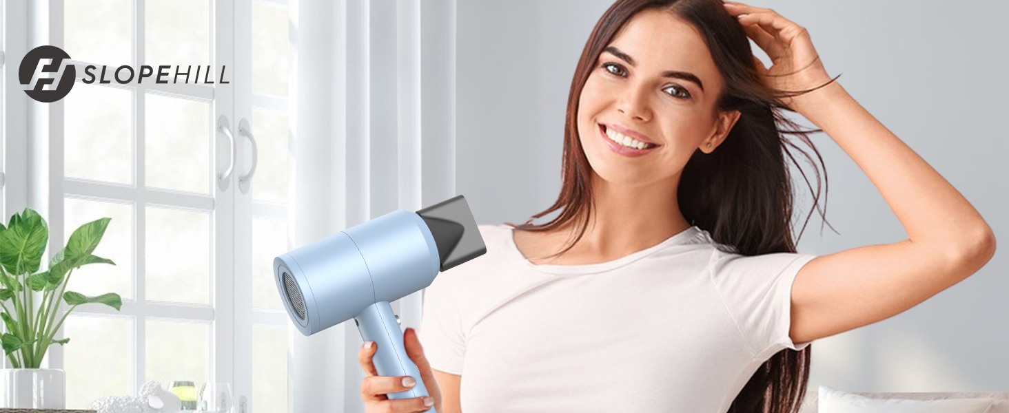 Іонний фен для волосся Slopehill 1800W для швидкого сушіння, професійний салонний фен з 3 насадками-концентраторами, дифузором, 3 режимами температури та 2 швидкостями (матовий синій)