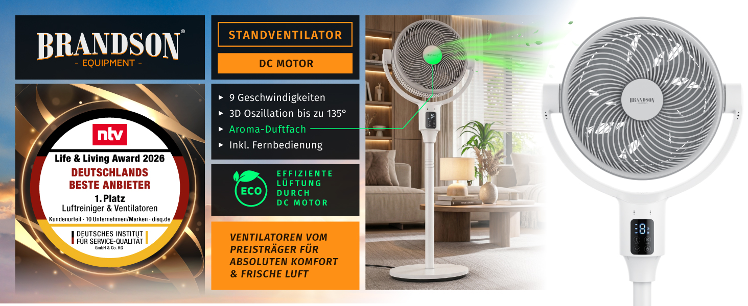 Вентилятор підлоговий Brandson ECO Line 3D з пультом, DC мотор, 9 швидкостей, білий