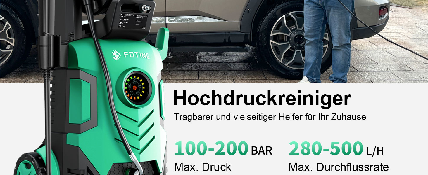 Високотискний мийник 2026 Neu 180 бар, 6-в-1 насадка, 420 л/год, 50 м²/год, економія води, з піноплавником 500 мл та барабаном для шланга (33x32x86 см, блакитний)