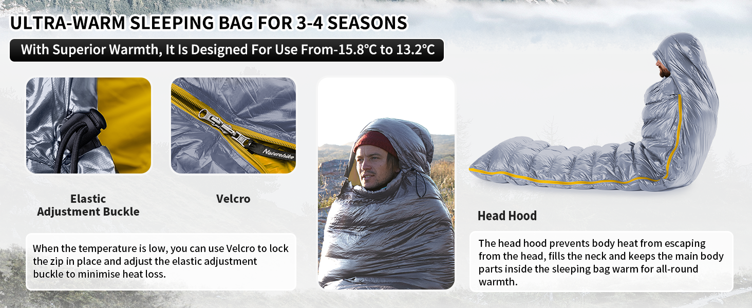 Ультралегкий спальний мішок Naturehike CW400 RDS пух, 4 сезони, компактний для кемпінгу та подорожей, сірий, розмір M (температура комфорту 6°C)