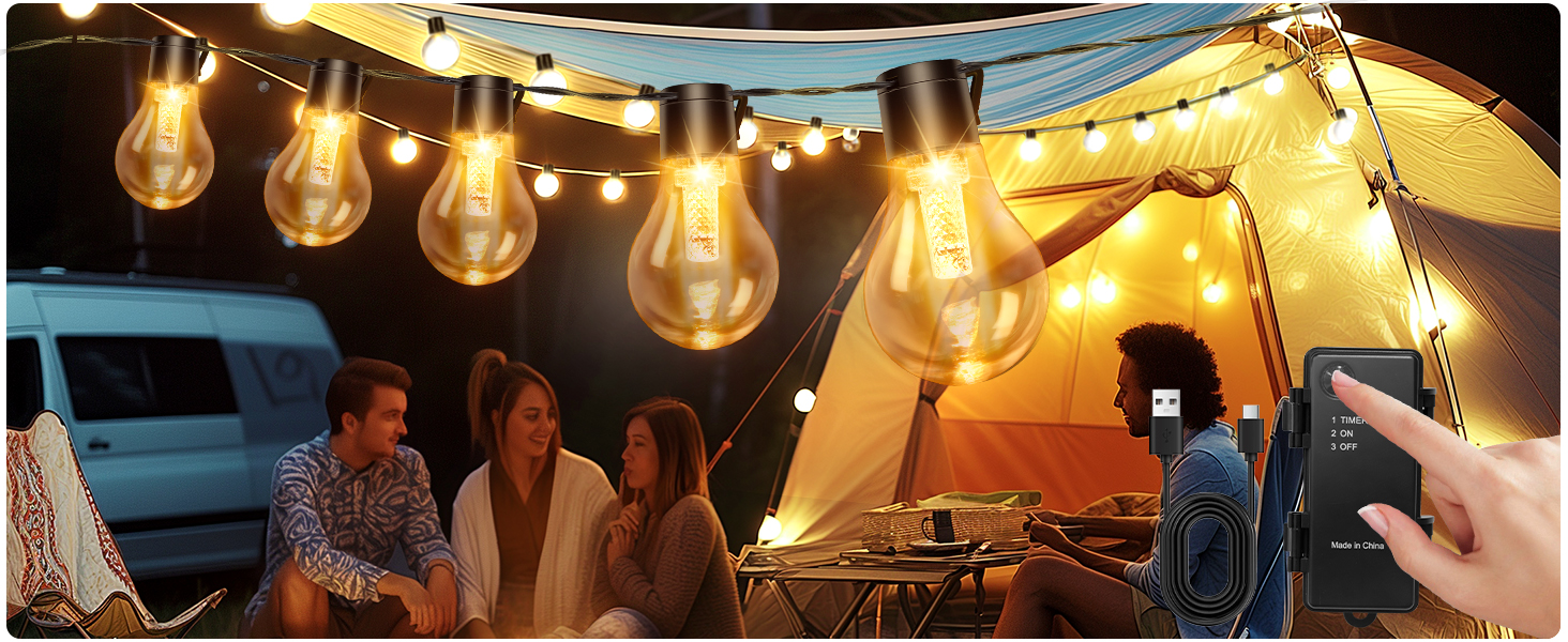 LED ліхтарна гірлянда для зовнішнього використання на батарейці з таймером, 9м, 12 лампочок A60, USB зарядка, 5000mAh, для декорування саду, вікна, сходи, весілля