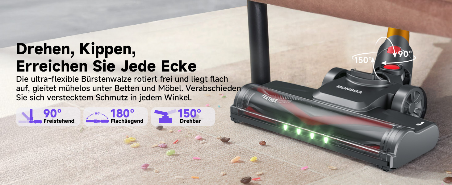 Бездротовий акумуляторний пилосос MONSGA з великою потужністю 45000Pa, до 50 хвилин роботи, дисплеєм, антизаплутана насадка, самостійна парковка, настінна зарядка, 8-шарова фільтрація, безщітковий двигун, для твердих поверхонь, килимів, шерсті тварин та авто.