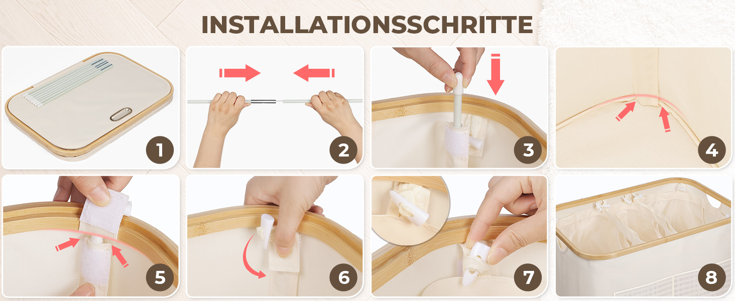 Кошик для білизни OUSFOT з кришкою, 3 відділення, 158л, сортер для білизни, знімний мішок, сітчаста кишеня, бамбукова коробка для білизни, бежевий