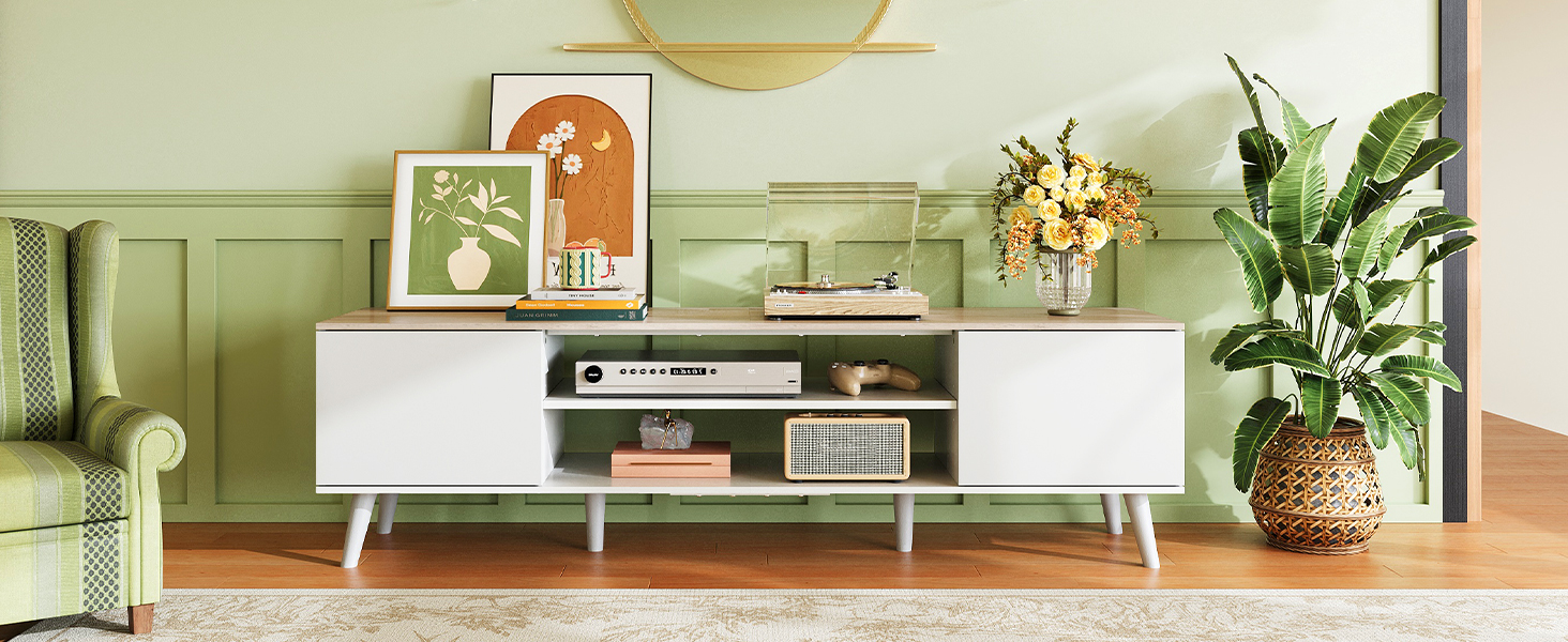 Тумба під телевізор WLIVE 160x40x47 см біла з двома дверцятами та відкритими полицями для вітальні, спальні, їдальні