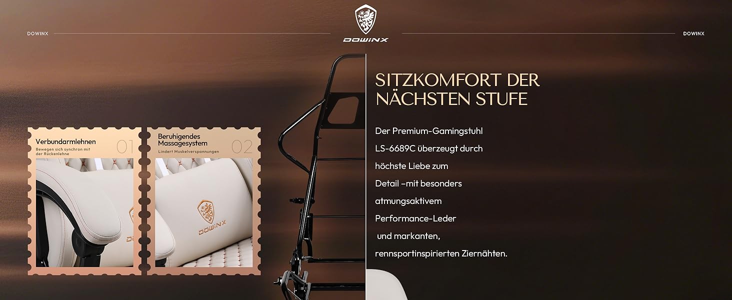 Ігровий крісло Dowinx з регульованою підніжкою, масажером попереку та офісним комфортом, до 200 кг, 165° нахил спинки, бежевий