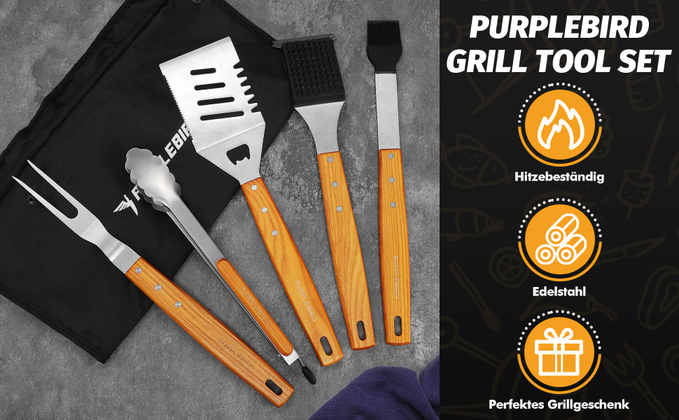Набір гриль-посуду PURPLEBIRD 5 предметів: професійний набір інструментів з нержавіючої сталі, з чохлом-фартухом та дерев'яними ручками. Ідеально для BBQ, тепаньякі, подарунок для чоловіків.