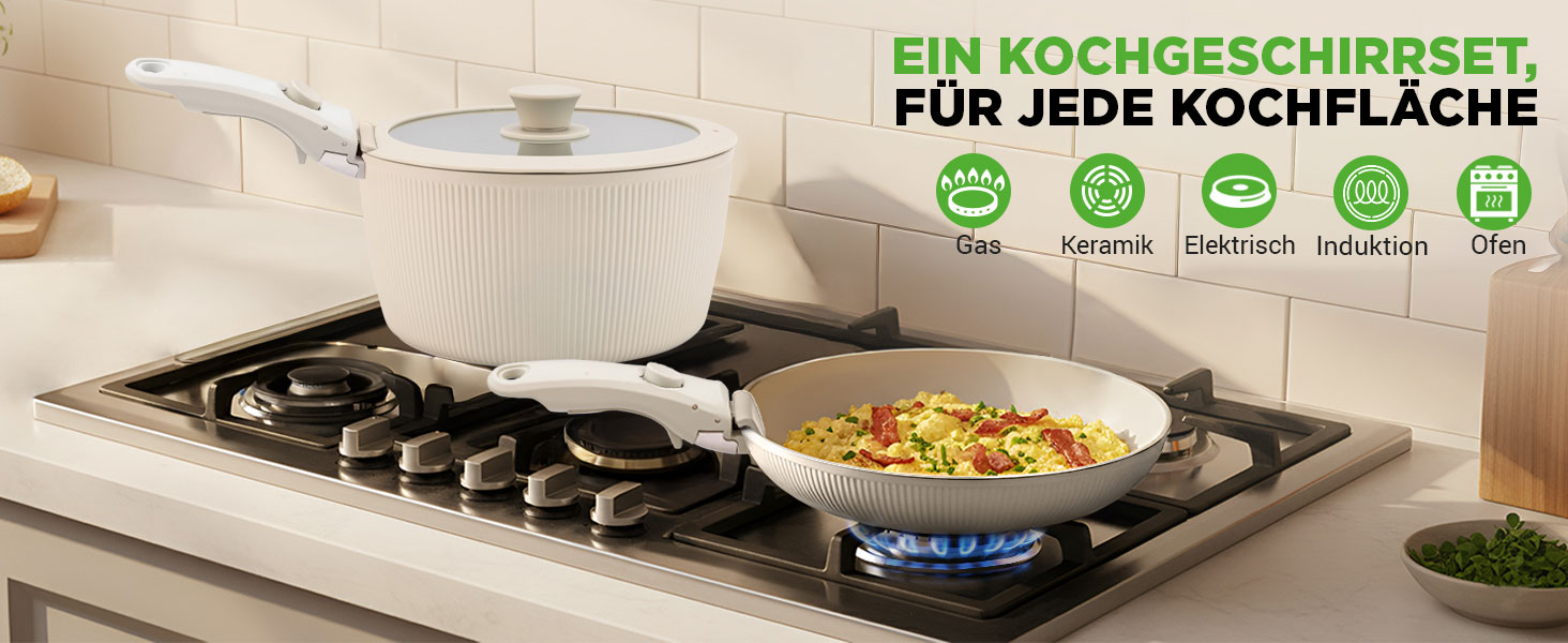 Набір посуду NutriChef 18 частин з кераміки кремового кольору з знімними ручками. Підходить для індукційних плит, всіх типів плит, духовок. Антипригарне покриття, компактний, можна складати.