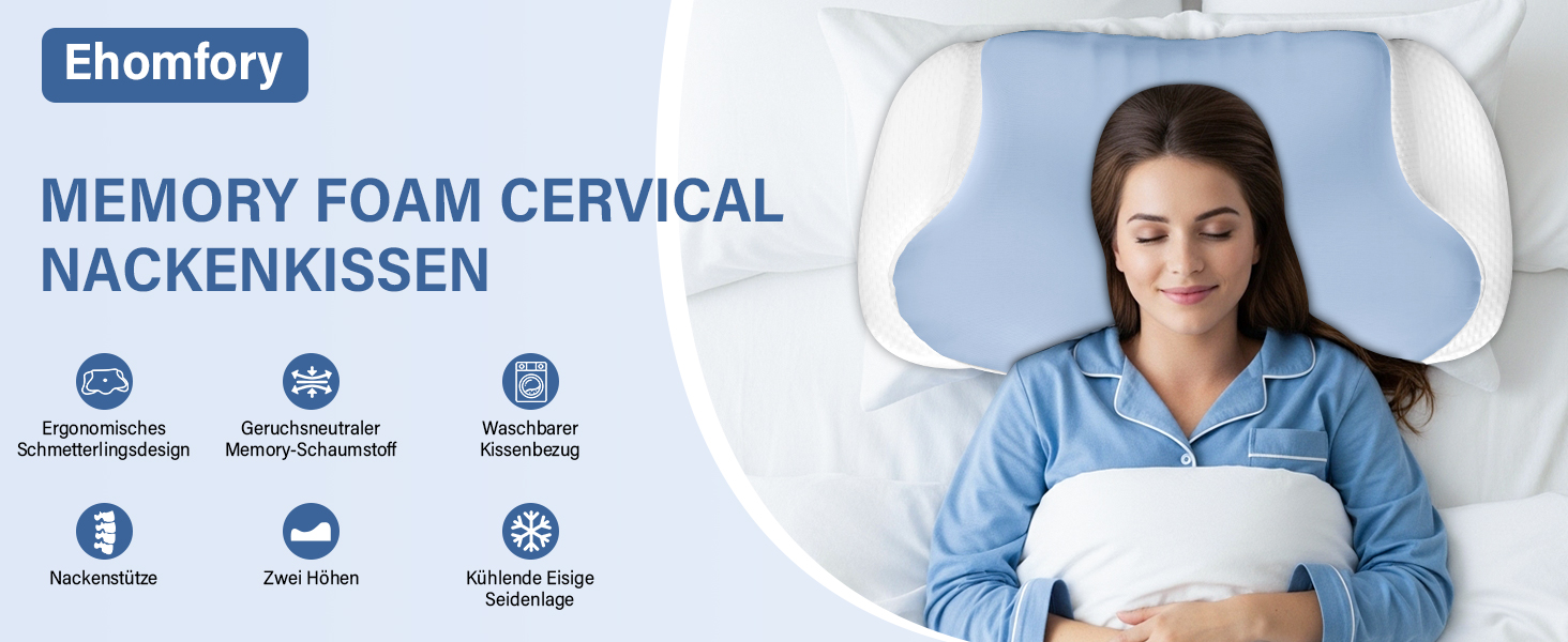 Подушка для шиї з піною з пам'яті, дихаюча, ергономічна, 65x37x10/12 см (Блакитна)