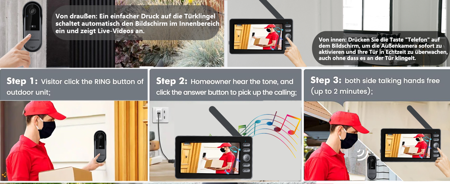 Відеодзвінок з камерою 1080P HD, бездротовий, IP65, водонепроникний, дисплей 4,3 дюйма, двостороння аудіо, нічне бачення, 170° кут огляду, автоматична фото/відео зйомка
