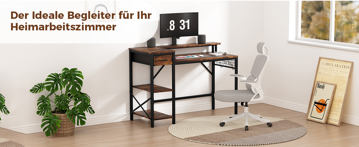 Ігровий стіл Oak & Tea 120x52 см з ящиками, регульованою полицею та тримачем для монітора – для навчання, ігор, роботи та дому. Колір: коричневий та чорний (вінтажний).