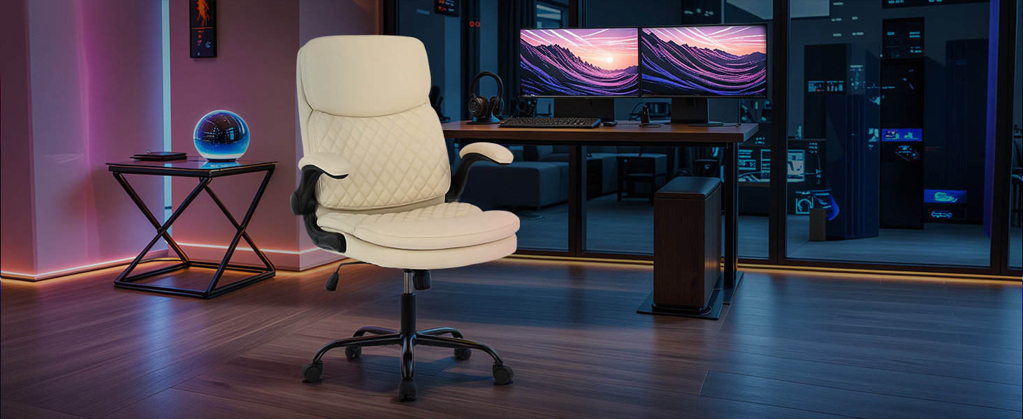 Офісний крісло Colamy: ергономічний, з високою спинкою, регульовані підлокітники, шкіряне покриття (слонова кістка)