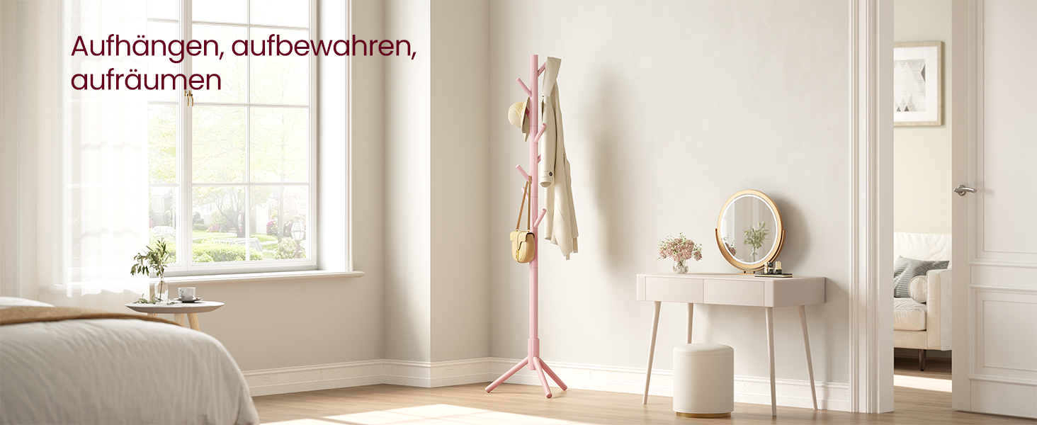 Стійка для одягу VASAGLE з масиву дерева, дерев'яна вішалка для одягу з 8 гачками, 3 регульовані висоти, для одягу, капелюхів, сумок, вітальні, спальні, офісу, RCR04GY (Пастельно-рожевий)