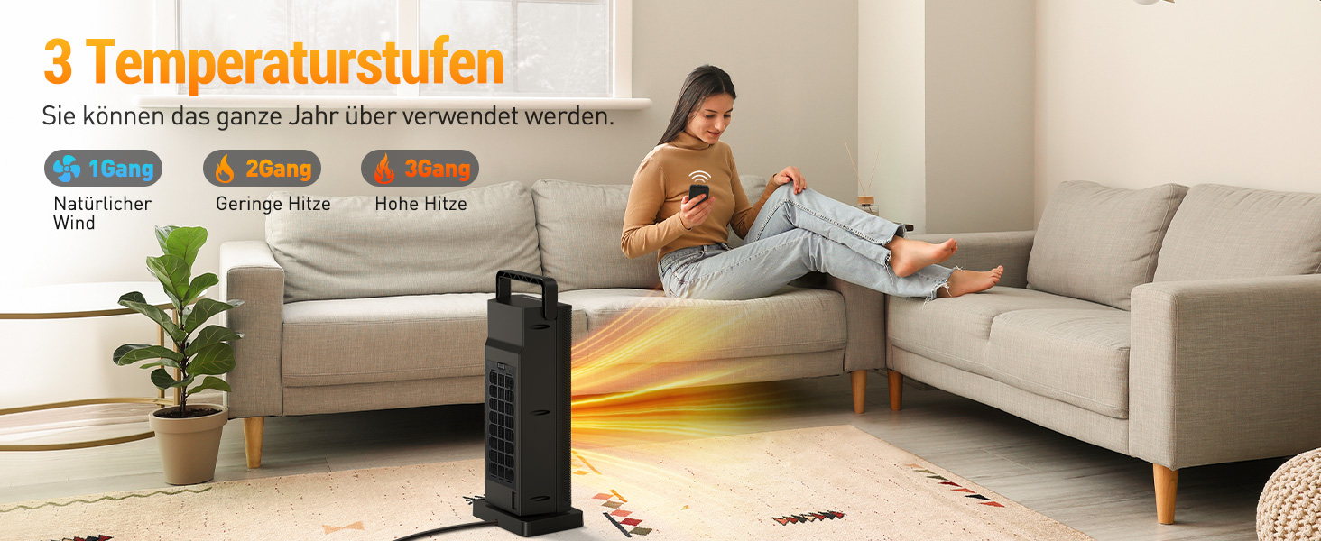 Електричний обігрівач з керамічним нагрівачем, 3 режими, 2000W, осциляція 70°, захист від перекидання, тихий обігрівач для дому та офісу