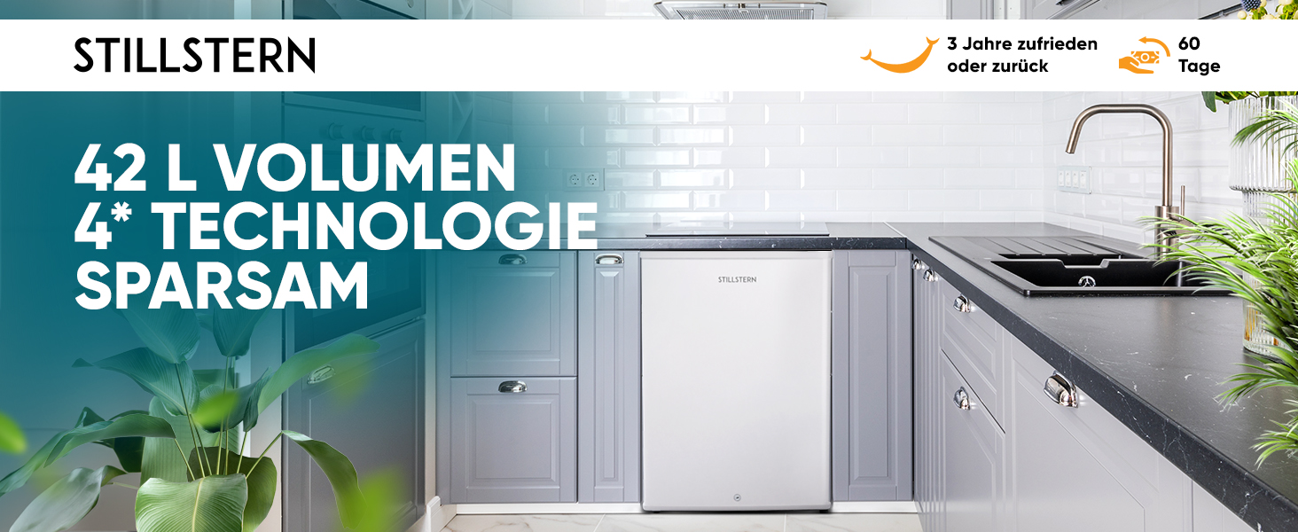 Stillstern Міні морозильник 42L -18°C з формою для льоду, замком, змінним напрямком відкривання дверцят, 4-зірковий глибокий заморожувач для кемпінгу/офісу. Срібний колір.