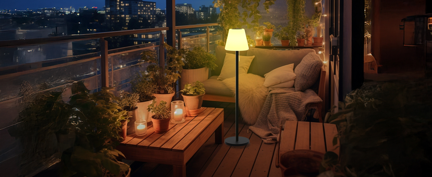 Сонячна LED стійка лампа для вулиці з акумулятором, димуванням, теплим білим та RGB світлом, з датчиком світла, водонепроникна для тераси