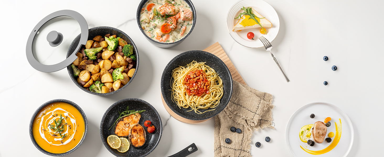 Набір посуду 17 частин з знімним ручками, антипригарне покриття, для всіх типів плит, включаючи індукційні, сумісний з духовкою (сірий)