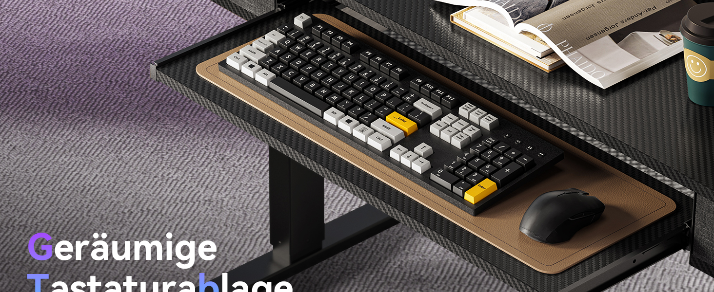 Регульований за висотою стіл Höfer з підставкою для клавіатури, 160x60 см. Стіл для комп'ютера з 2 шухлядами, підставка для монітора для дому/офісу, чорний 160 x 60 см