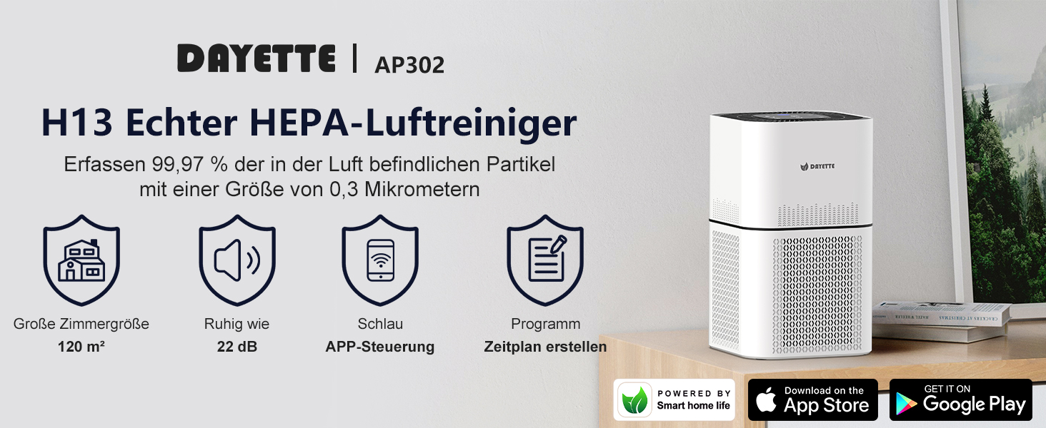 Повітряочисник для алергіків, квартири та кімнат для курців, з 2 HEPA фільтрами H13, для видалення шерсті тварин, плісняви, пилу, пилку та запахів, CADR 350 м³/год для 120 м², керування через додаток, таймер, тиха робота 22 дБ