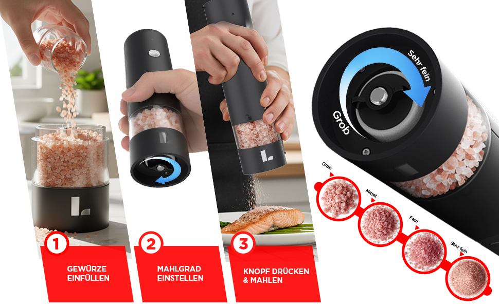 Електрична мельниця для перцю та солі LUNARIA [PREMIUM] – набір, перезаряджувана, регулювання помелу, високоякісний дизайн для кухні та столу