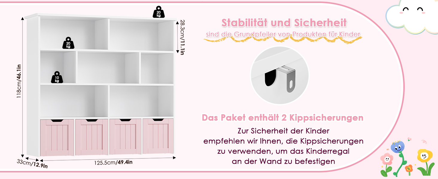 Дитяча полиця FOREHILL з коробками на колесах, 4 яруси, меблі для дитячої кімнати, іграшковий та книжковий стеллаж, рожевий, 125.5x33x118 см