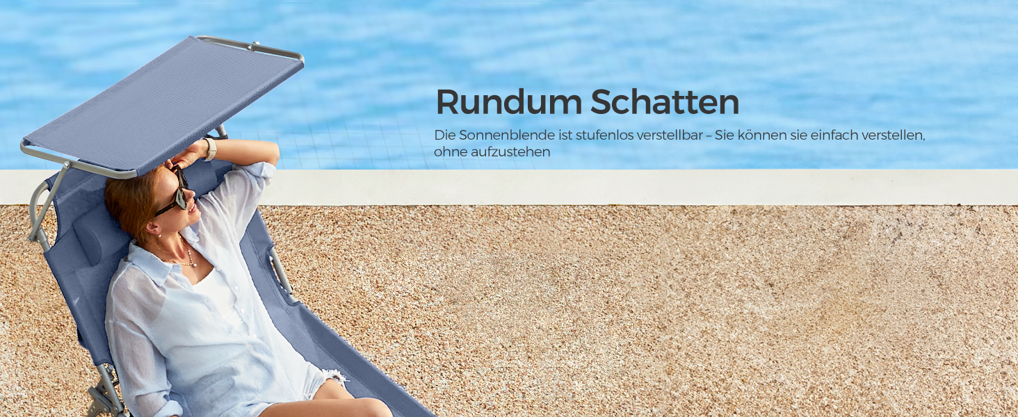 Лежак для відпочинку SONGMICS, розкладний, 193 x 53 x 29 см, до 150 кг, з підголовником, регульована спинка, для саду, басейну, тераси (Блакитний)