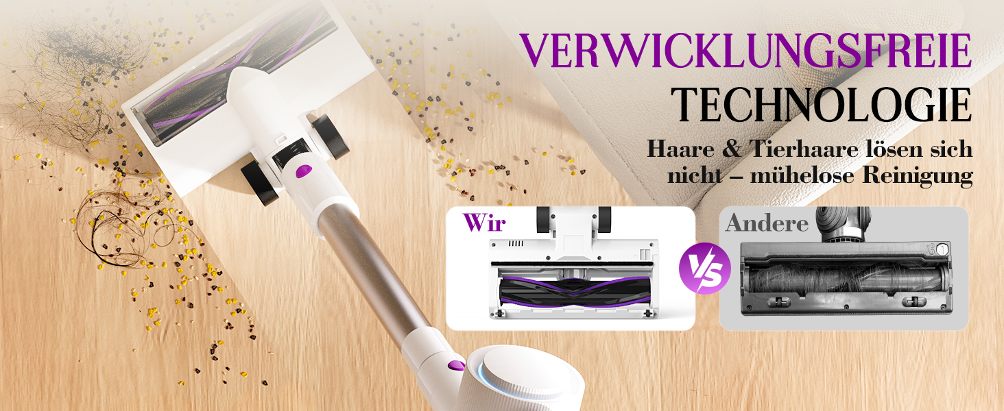 Бездротовий акумуляторний пилосос 45000 Па, 60 хв, 1,75 кг, 6-в-1 з сенсорним екраном, LED-підсвіткою, антизаплутувальною щіткою та зарядною станцією, 7-шарова фільтрація для шерсті тварин, килимів, твердих поверхонь, авто, білий з фіолетовим