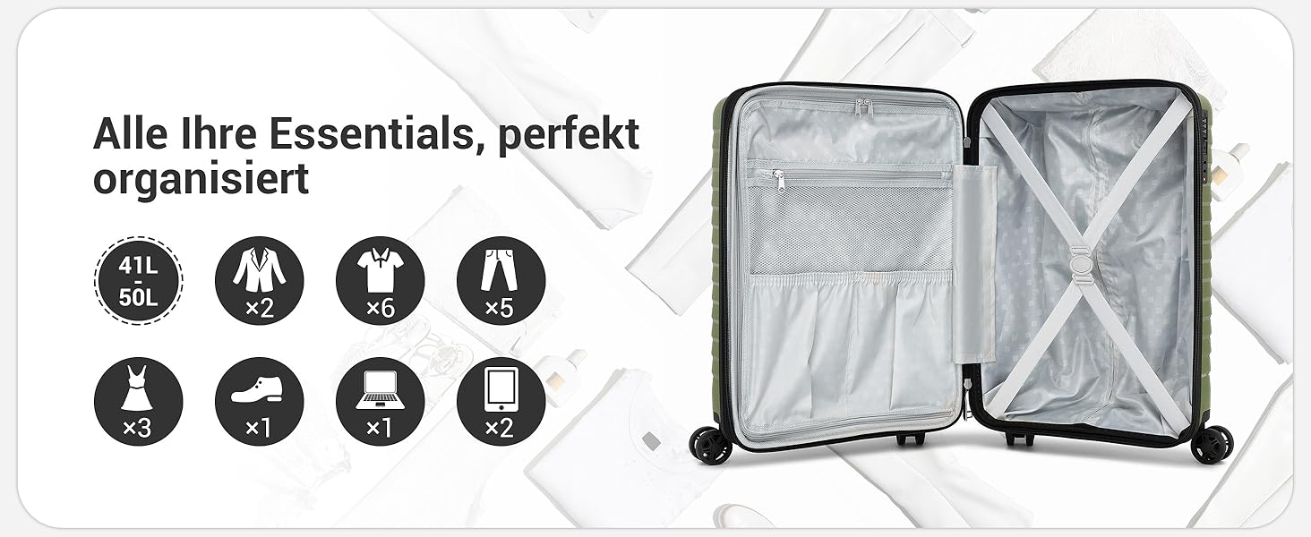 Чемодан KONO середнього розміру з жорсткою обшивкою, PP, з 4 колесами, розширюваний, легкий, з тримачем для напоїв та TSA замком (Зелений, L)