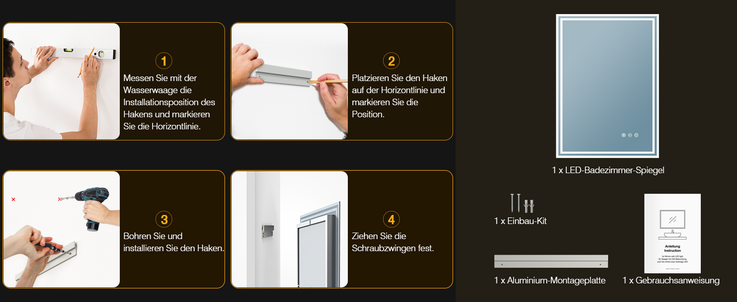 LED дзеркало для ванної кімнати з підсвічуванням 50x70 см, 3 кольори світла, регулювання яскравості, проти запотівання, сенсорне/кнопкове керування