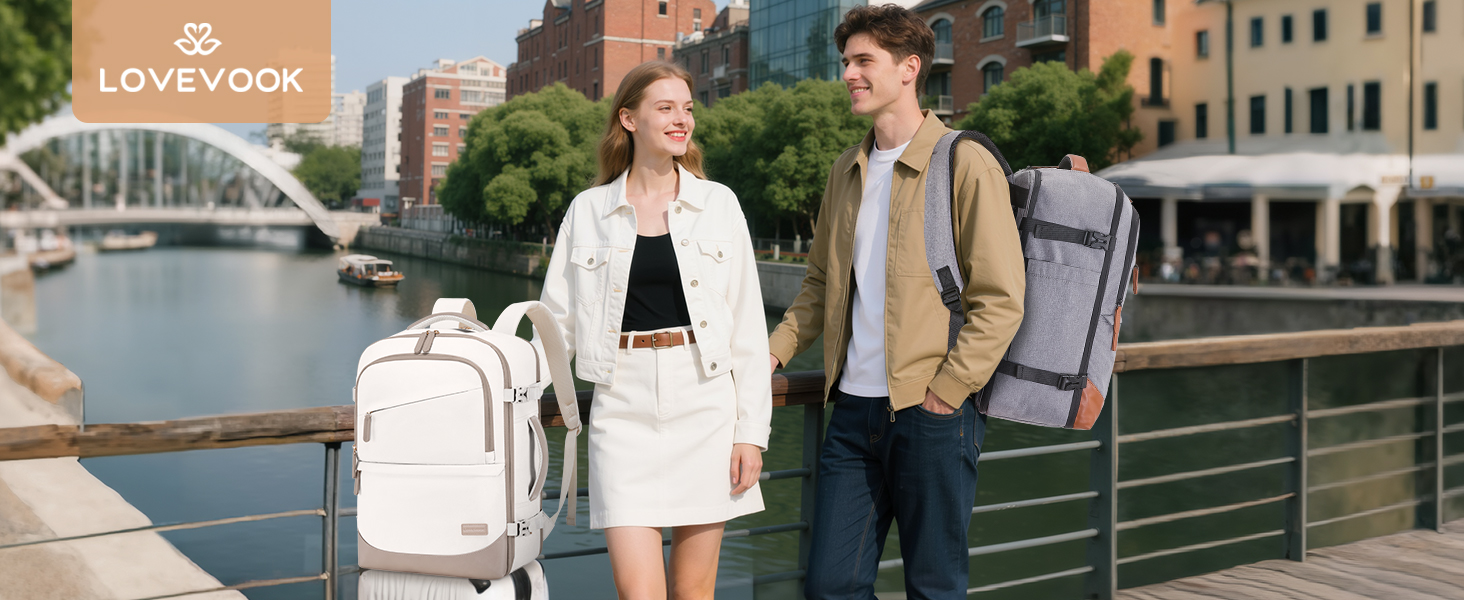 Рюкзак для ручної поклажі LOVEVOOK 40L, сірий/рожевий, для ноутбука 17.3
