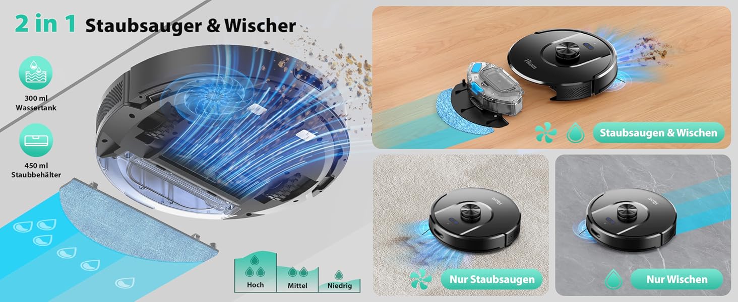 Робот-пилосос Tikom L8000 Plus з функцією миття, 6000Pa, LiDAR, Wi-Fi, для тварин та килимів