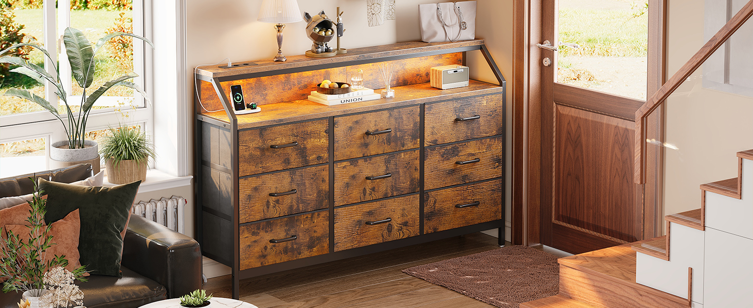 Комод ODK з висувними ящиками, 9 тканинних ящиків, 2 розетки, 2 USB-порти, LED-підсвітка, для спальні/вітальні, вінтажний стиль