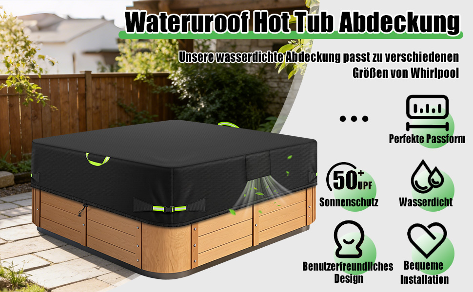 Водонепроникний чохол для гідромасажного джакузі Whirlpool з тканини Oxford 600D, термопокривало для SPA та Hot Tub з UV-захистом (чорний, 220x220x85 см)