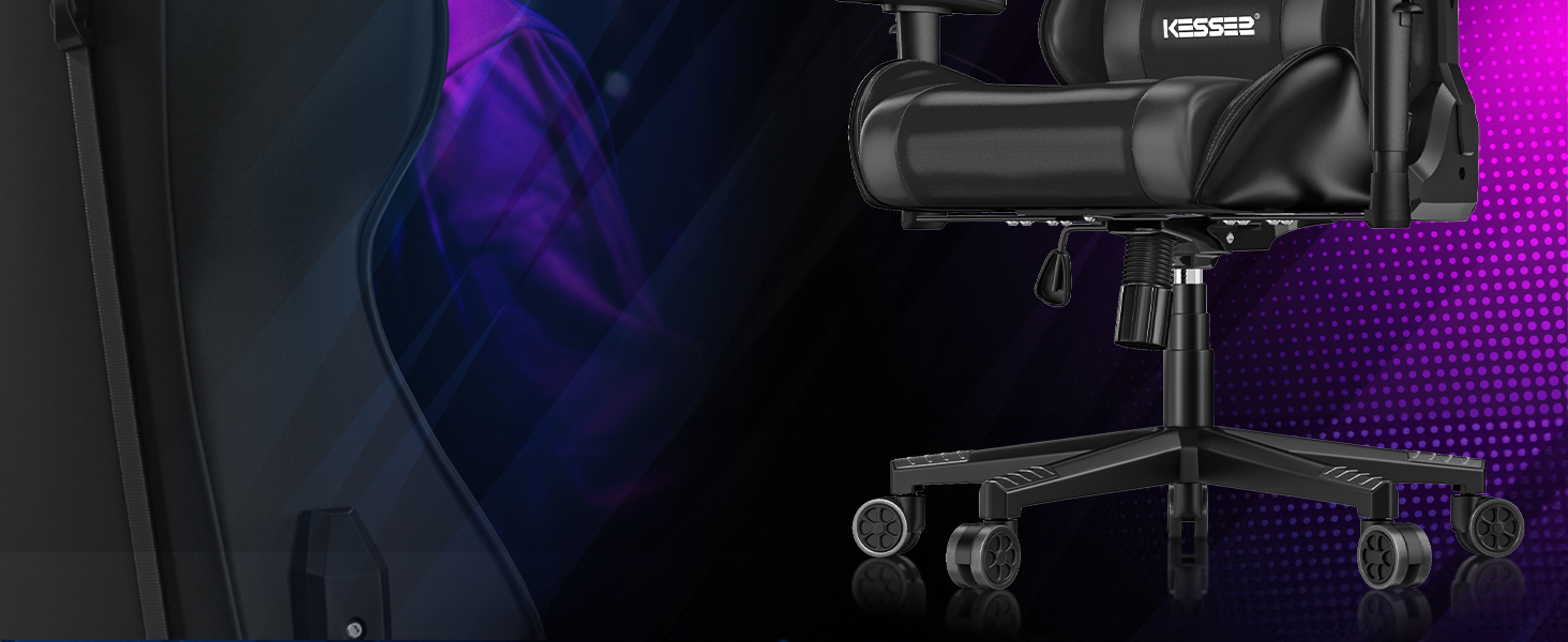 Крісло ігрове KESSER® Ergonomisch з підголівником та поперековою подушкою | Крісло для офісу, геймінгу | Макс. навантаження 150 кг | 360° | Чорний колір