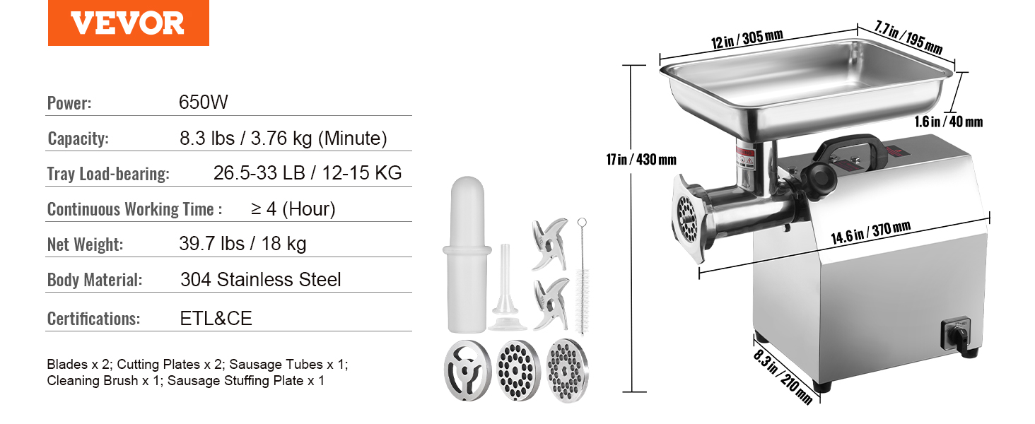 Електрична м'ясорубка VEVOR Машина для м'яса з нержавіючої сталі 190 кг/год Фарш, Мультикухонний комбайн Ковбасний наповнювач 575 Вт, включаючи 2 обробні пластини, 3 трубочки для ковбаси, 2 леза для яловичини, курки, індички тощо (Електрична м'ясорубка VEVOR)