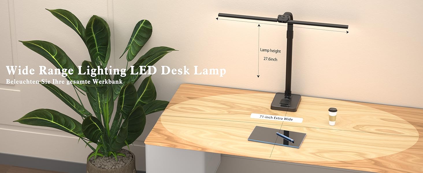 LED настільна лампа LOTTBUTY з гнушим шийкою, 24W, 80см, для офісу та дому, з підставкою для телефону (чорний)