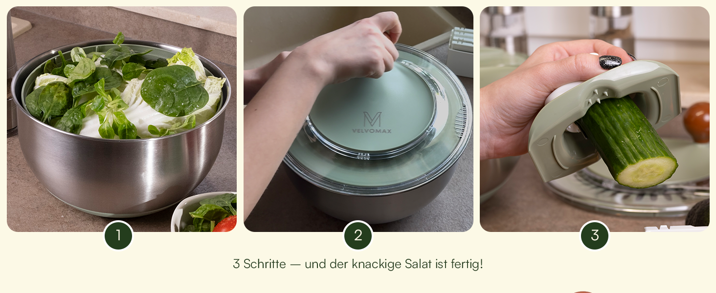 Салатниця-швидкокрутка VELVOMAX 6в1 з нержавіючої сталі, 4.5L - 6 функцій: нарізник овочів, сервіровочна чаша та спіннер для салатів. Можна мити в посудомийній машині, з антиковзним дном та кришкою. Ідеально для любителів готувати.