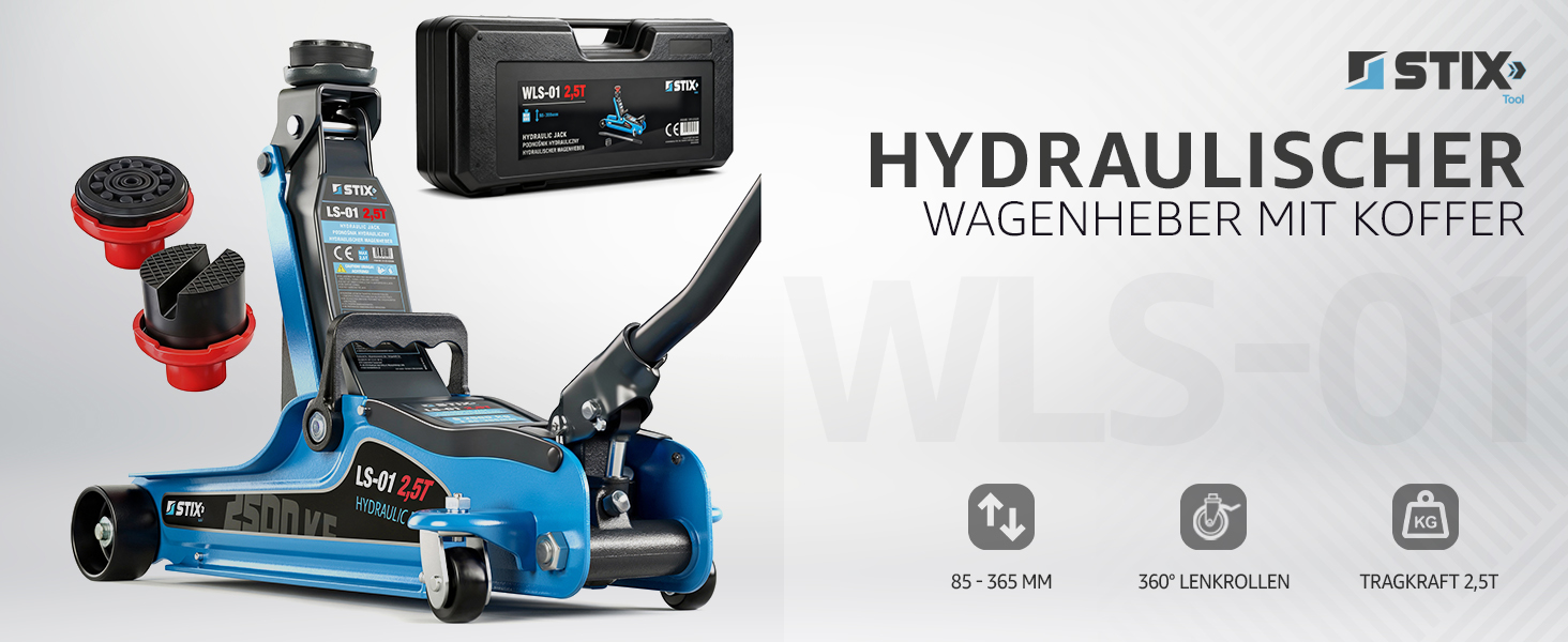 Гідравлічний домкрат STIX 2.5T низькопрофільний з кейсом, гумовими накладками та адаптером для SUV - для легкових та позашляхових автомобілів