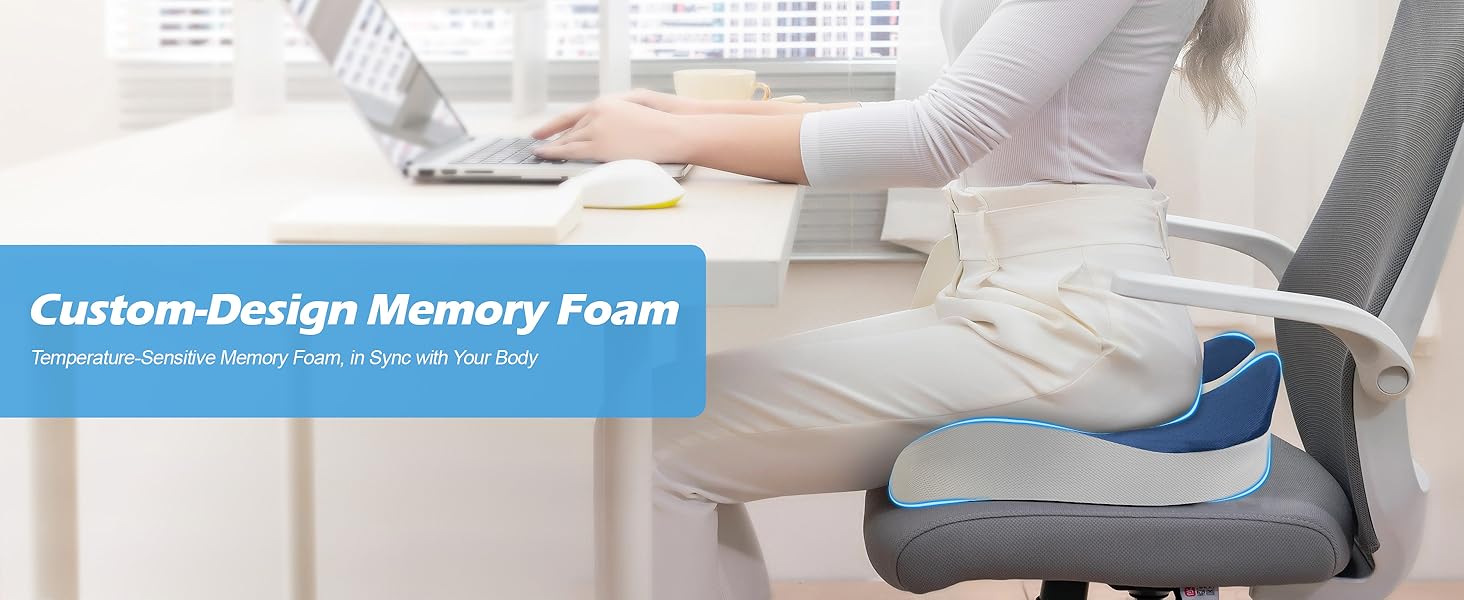 Подушка ортопедична для офісного крісла Lofty Aim з піни Memory Foam: підтримка попереку, куприка, зняття болю, для офісу, авто, літака, інвалідного візка – чорний, синій та сірий