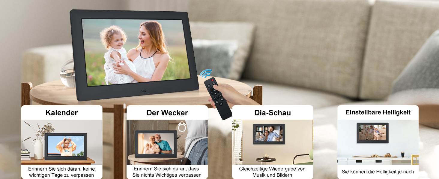 Цифровий фоторамка TSITSC 8.7 дюйма, IPS-дисплей 1024*768, календар, музика, фото/відео програвач, підтримка USB/SD, з пультом дистанційного керування (Чорний)