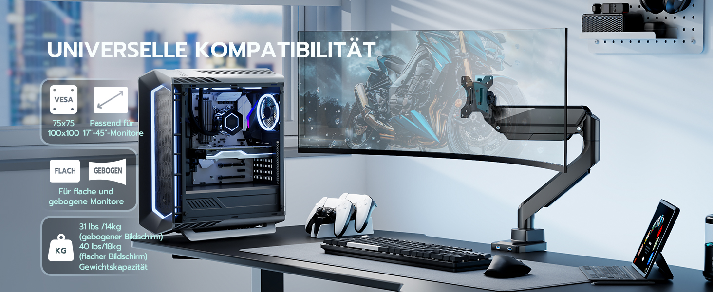 Кріплення для монітора ARES WING з USB A/C, 17'-45', регулювання висоти, максимальне навантаження 18 кг, VESA 75/100 мм, білий (чорний)