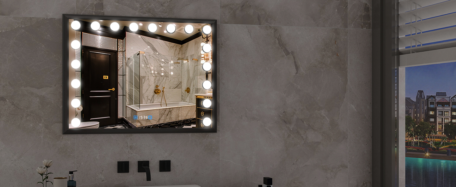 Дзеркало для ванної кімнати YOURLITE з LED-підсвічуванням 100x60 см, сенсорне управління, годинник, антизапотівання, 3 кольори світла, регулювання яскравості, функція пам'яті, білий/чорний